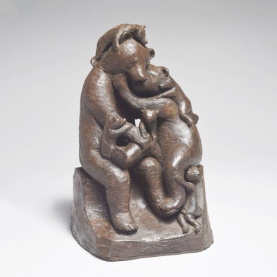 Sculpture terre Chat et son petit, statue animalière grès chat de Sophie