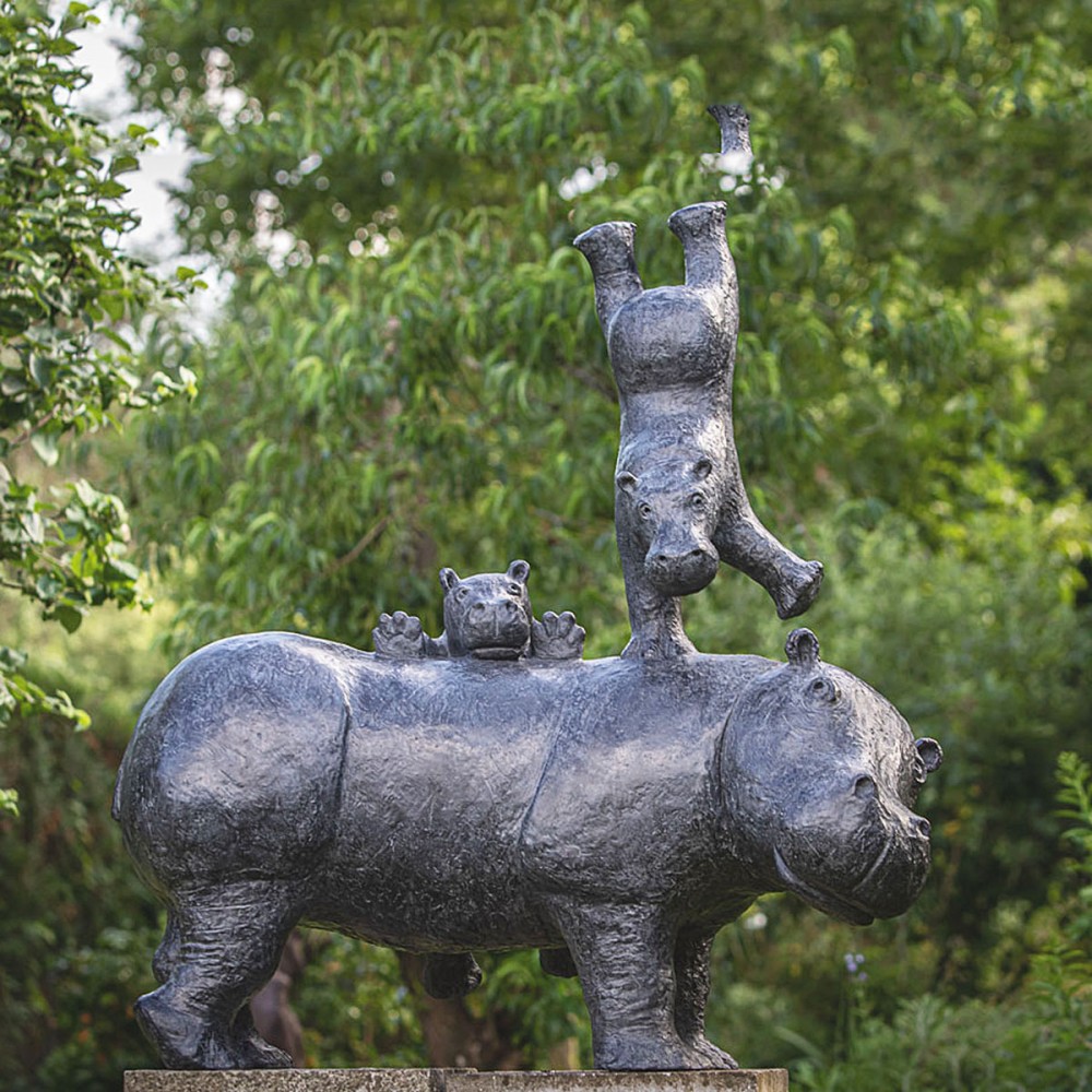 Sculpture bronze hippopotamus En pleine forme grand format, statue animalière hippopotame