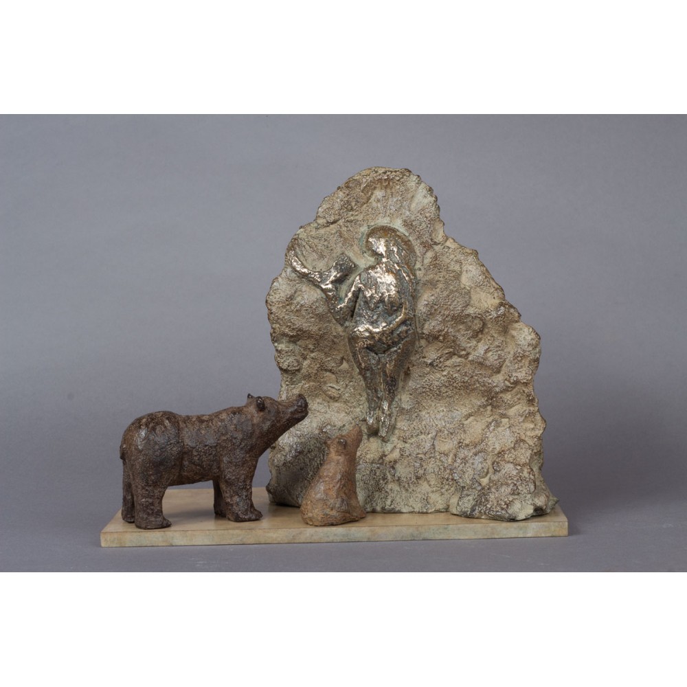 Bronze sculpture Prehistory, bear animal statue and Laussel Venus