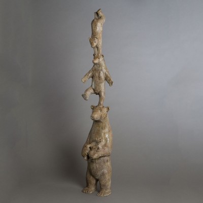 Sculpture terre Chat et son petit, statue animalière grès chat de Sophie